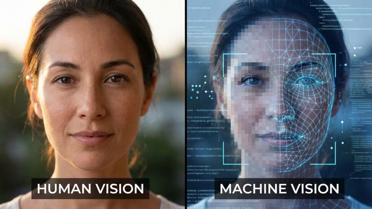 Comparison showing a real face versus a deepfake that looks identical to the human eye