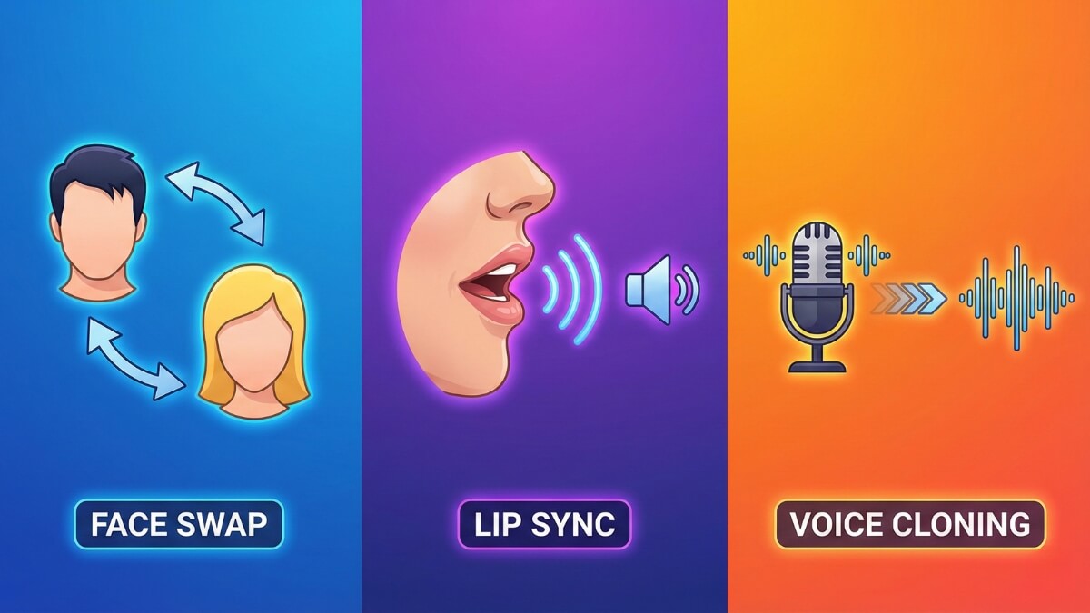 Collage showing face swapping, voice cloning, and lip syncing