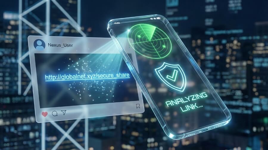 Mobile phone scanning a social media link for deepfakes