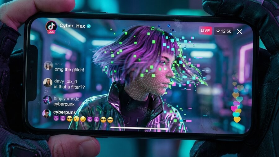 TikTok video interface with glitch effects on a deepfake livestream