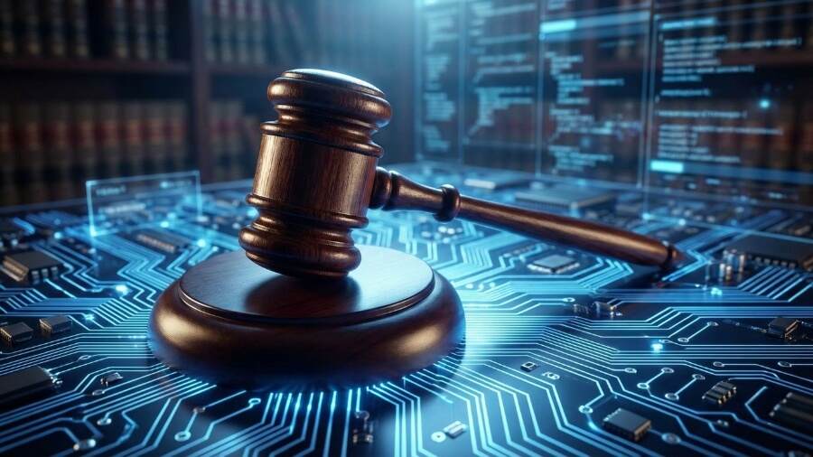 A judge's gavel resting on a stack of digital circuit boards