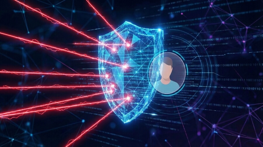 A shield icon protecting a user's privacy on a computer screen